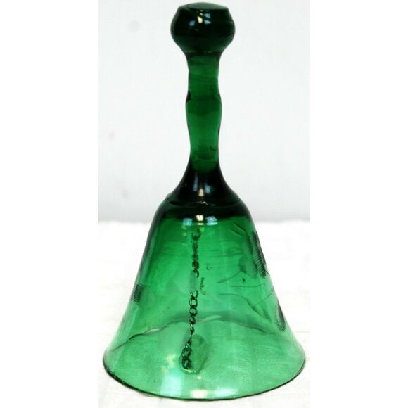 Vintage Green Glass Bell Etched Floral Pattern With Chain Glass Clapper - Picture 1 of 9